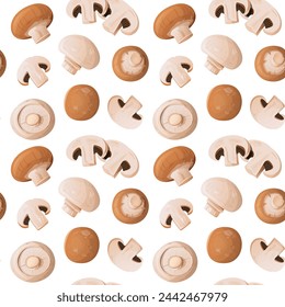 Seamless pattern with edible mushrooms on white background. Vector illustration with cartoon champignon whole and sliced.