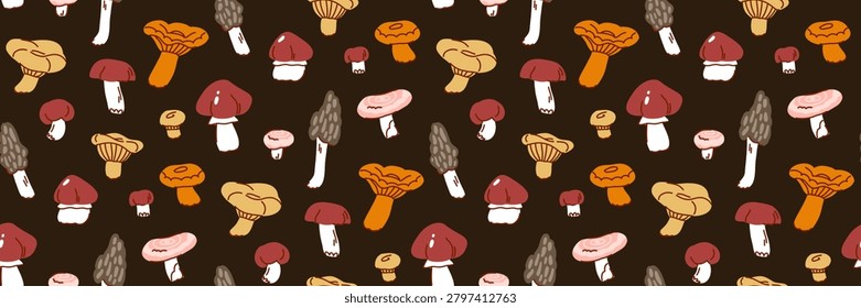 Seamless pattern with edible mushrooms on a dark brown background, autumn colors, harvest, russula, saffron milk caps, butter mushrooms, morels, milk mushrooms