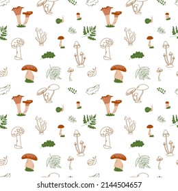 Seamless pattern with edinle and inedible mushrooms, leaves, snail. Autumn forest. Creative texture for fabric, wrapping, textile, wallpaper, apparel. Vector illustration.