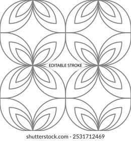 Seamless pattern with editable stroke. Geometric grid with big 4 petal flowers. Background template, layout. Apply various pattern brushes for any themed design.