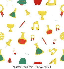 Seamless pattern of education elements like trophies, beakers, light bulbs, music notes, rulers, pins, apples, and medals on transparent background.