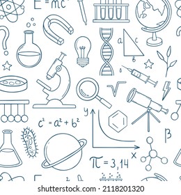 Seamless Pattern Of Education And Science Doodle. Formulas In Physics, Mathematics And Chemistry, Laboratory Equipment In Sketch Style. Hand Drawn Vector Illustration.