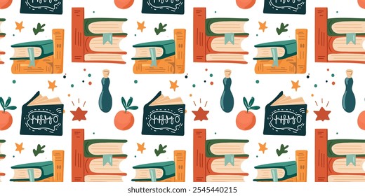 Seamless pattern with educational elements – stack of books, board with equations, flashcards, and light bulbs