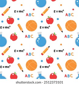 Seamless pattern of educational icons including pencils, apples, flasks, basketballs, and E=mc² equations.