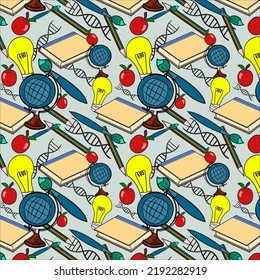 Seamless pattern of educational object, fire engine red color apple, blue NCS color globe, titanium yellow  bulb ,black color DNA, pencil, paint brush, notebook on gainsboro color background. 