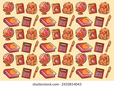 seamless pattern of educational tools, bag, globe, calculator, pen, book. Isolated vector design. with bright colors. perfect for backgrounds, prints on fabric or paper