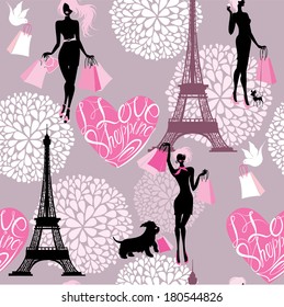 Seamless pattern - Effel Tower, hearts with calligraphic text I Love Shopping, girls silhouettes with shopping bags - Background for fashion or retail design