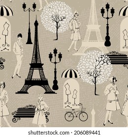 Seamless pattern - Effel Tower, street lights, old fashioned girls  - Background for fashion or retail design in vintage style.