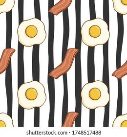 seamless pattern of egg and bacon with colored doodle style