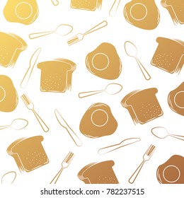 seamless pattern egg fried and slice bread fork spoon