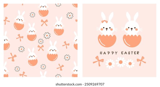 Seamless pattern with egg shell, rabbit cartoon, daisy flower and ribbon bow on orange background. Happy Easter card with daisy flower, cute bunny and hand written fonts vector.