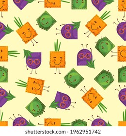 Patrón sin soldadura agrietante cebolla en forma de parche. Carácter de la cebolla de guisantes de bolsillo. Estilo de caricatura. Aislado sobre fondo blanco. Elemento de diseño. Plantilla para tus camisas, libros.
