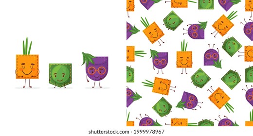 Patrón sin soldadura agrietante cebolla en forma de parche. Carácter de la cebolla de guisantes de bolsillo. Estilo de caricatura. Aislado