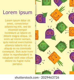 Seamless pattern egglant peas onion shaped patch pocket. Character pocket egglant peas onion. Cartoon style. Isolated on white background. Design element. Template for your shirts, books.