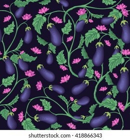 Seamless pattern with eggplant. Eggplant blossom and its foliage
