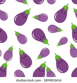 Patrón sin inconvenientes con la caricatura de berenjena sobre la ilustración vectorial de fondo blanco. Hortalizas de dibujos animados.