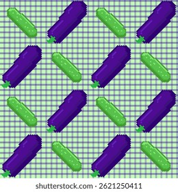 Seamless pattern of eggplant and cucumber in pixel style on a green background