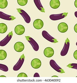 Seamless pattern. Eggplant and cucumber sliced. Vector, eps10. Editable pattern. Vegetables set.