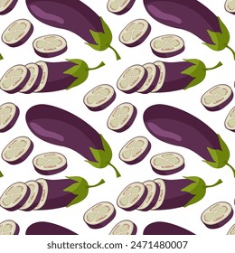 Seamless pattern with Eggplant. Dark purple vegetable. Agricultural market product. Foodstuff from grocery store. Repeater background For wallpaper, menu, packing, kitchen print, textile