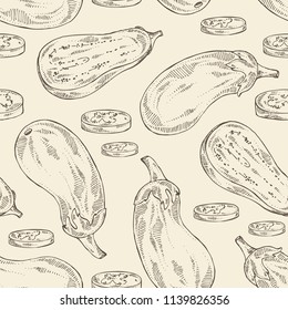 Seamless Pattern With Eggplant: Full Eggplant, A Slice Of Eggplant. Vector Hand Drawn Illustration.