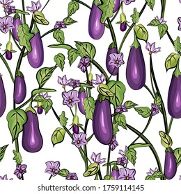 Seamless pattern with eggplant, leaves, flowers on white background.Vegetable texture with aubergine for kitchen design,textile, print,wallpaper,wrapping paper.Cartoon style.Vector stock illustration.