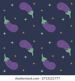 Patrón sin fisuras con berenjena sobre fondo oscuro. Otoño y concepto de cosecha. Ilustración vectorial de estilo plano.