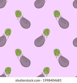 Patrón sin foco con berenjena sobre fondo morado. Planta continua de dibujo de una línea. Arte de línea negra sobre fondo morado con manchas coloridas. Concepto vegan