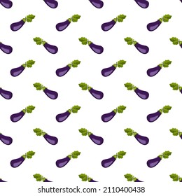 Seamless pattern with eggplant. Print of healthy vegetables and green leaves on white background. Vector flat illustration