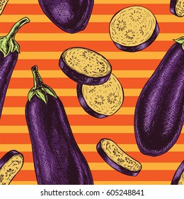 Seamless pattern with eggplant. Retro background. Vintage style. Linear graphic design. Colored image of vegetables. Vector illustration.