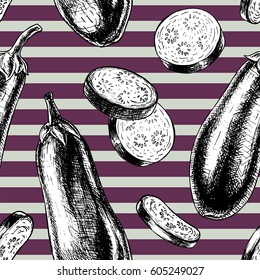 Seamless pattern with eggplant. Retro background. Vintage style. Linear graphic design. Colored image of vegetables. Vector illustration.