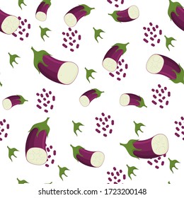 Patrón transparente de verduras de berenjena, sus hojas y forma geométrica simple sobre fondo blanco. Ilustración plana vectorial.