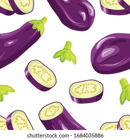 Seamless pattern with eggplant vegetable on white background. Vector illustration in cartoon realistic style. Decoration for textile, print, kitchen tools, wallpaper, scrapbooking and wrapping paper