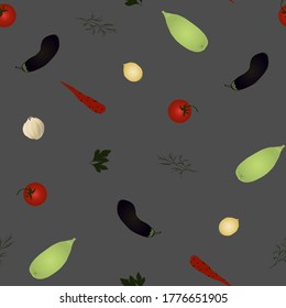 Seamless pattern with eggplant, zucchini, onion, garlic, tomato, parsley, dill on a blue-gray background.