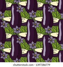 Seamless pattern with eggplants, eggplant leaves and flowers. Endless texture with fresh vegetables for your design