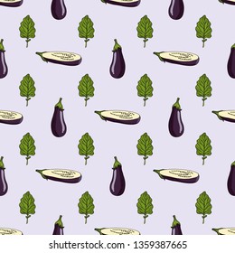 Seamless pattern with eggplants, eggplant slices and leaves. Template with fresh vegetables on light purple background for your design