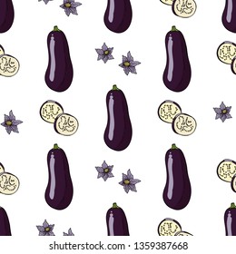 Seamless pattern with eggplants, eggplant slices and flowers. Template with fresh vegetables on white background for your design