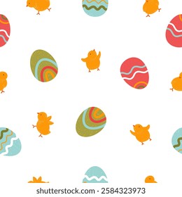  Seamless pattern with  eggs and baby chicken . Vector illustration on a white background. 