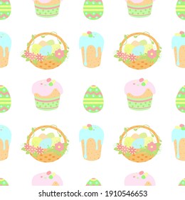 Seamless pattern with eggs in a basket and Easter cakes. Vector graphics.