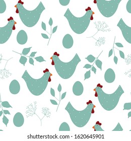 Seamless pattern with eggs, birds and stylized leaves. Endless texture for spring design, decoration, greeting cards, posters, invitations, advertisement. Mint background.