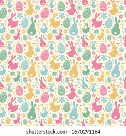 Seamless pattern with eggs, bunnies and flowers. Easter background. Vector