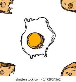 Seamless pattern of eggs and cheese. Vector cartoon background. Hand-drawn style.