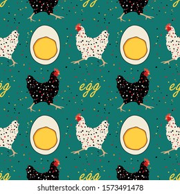 Seamless pattern with eggs and chickens on a turquoise background. Stylized boiled egg. Wallpaper, print, packaging, paper, fabric, textile design. Vector illustration.