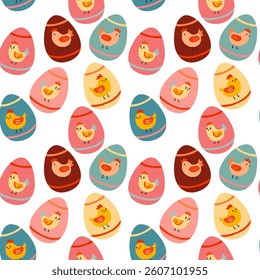 Seamless pattern eggs with chicks, hens and roosters for Easter, cute and festive design.Vector
