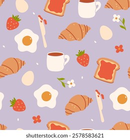 Seamless pattern with eggs, croissants, strawberries. Vector graphics.