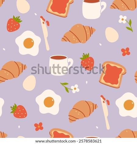 Seamless pattern with eggs, croissants, strawberries. Vector graphics.