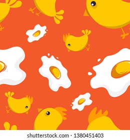 Seamless pattern with eggs and cute little chicken