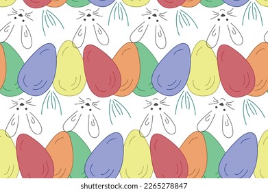 Seamless pattern eggs Easter, Muzzle bunny. Vector illustration. Texture Easter gift, textile. Elements For Background, card, poster, coves, postcards, scrapbooking, fabric, banners, notebook, fabric.