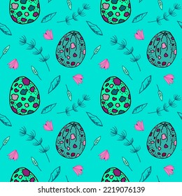 Seamless pattern with eggs and floral elements. Fresh mint green hand drawn vector pattern inspired by spring. Great for wrapping paper, textiles, stationery.