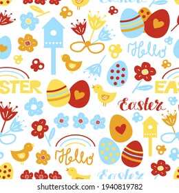 Seamless pattern with a Eggs, flowers, birds and hand written words Easter, hello. Background.  Sunday. Christian poster. Graphics. Celebrate