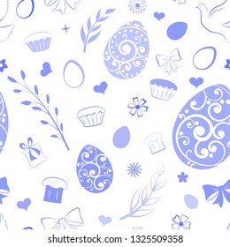Seamless pattern of eggs, flowers, cake, gift box and other Easter symbols, blue on white